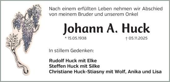 Traueranzeige von Johann Huck von Gesamtausgabe Nürnberger Nachrichten/ Nürnberger Ztg.