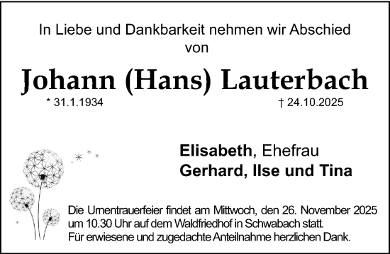 Traueranzeige von Johann Lauterbach von Gesamtausgabe Nürnberger Nachrichten/ Nürnberger Ztg.