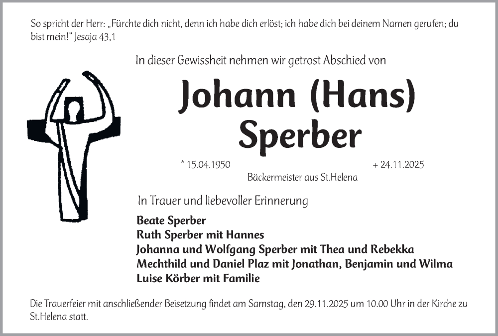  Traueranzeige für Johann Sperber vom 26.11.2025 aus Gesamtausgabe Nürnberger Nachrichten/ Nürnberger Ztg.