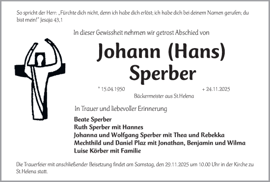 Traueranzeige von Johann Sperber von Gesamtausgabe Nürnberger Nachrichten/ Nürnberger Ztg.