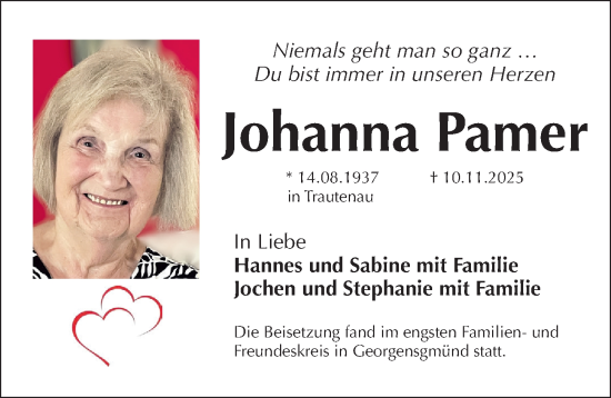 Traueranzeige von Johanna Pamer von Gesamtausgabe Nürnberger Nachrichten/ Nürnberger Ztg.
