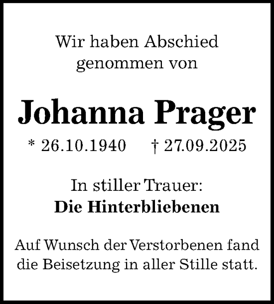 Traueranzeige von Johanna Prager von Gesamtausgabe Nürnberger Nachrichten/ Nürnberger Ztg.