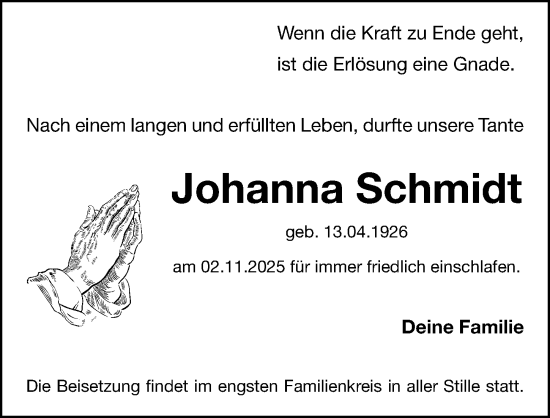 Traueranzeige von Johanna Schmidt von Erlanger Nachrichten Lokal
