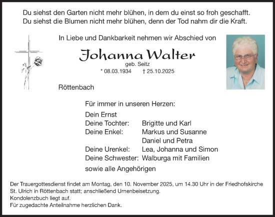 Traueranzeige von Johanna Walter Walter von Roth-Hilpoltsteiner Volkszeitung Lokal