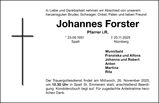 Traueranzeige von Johannes Forster von HST,HRHV