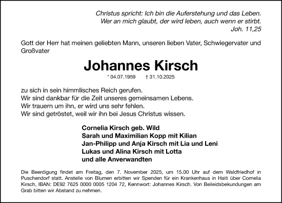 Traueranzeige von Johannes Kirsch von Fürther Nachrichten Lokal