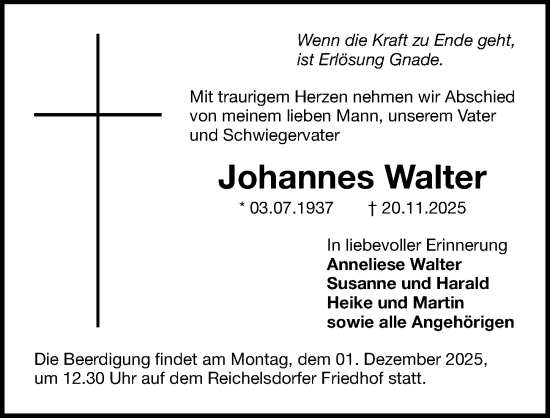 Traueranzeige von Johannes Walter von Gesamtausgabe Nürnberger Nachrichten/ Nürnberger Ztg.