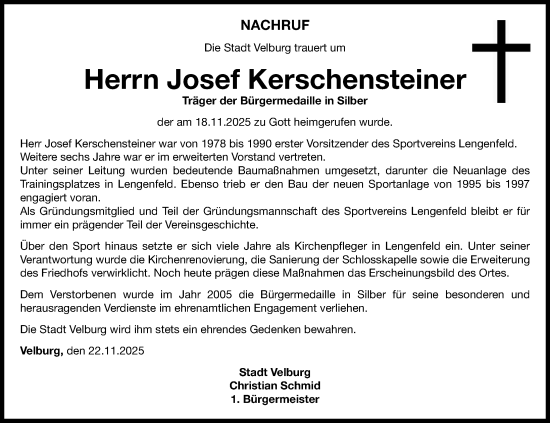 Traueranzeige von Josef Kerschensteiner von Neumarkter Nachrichten Lokal