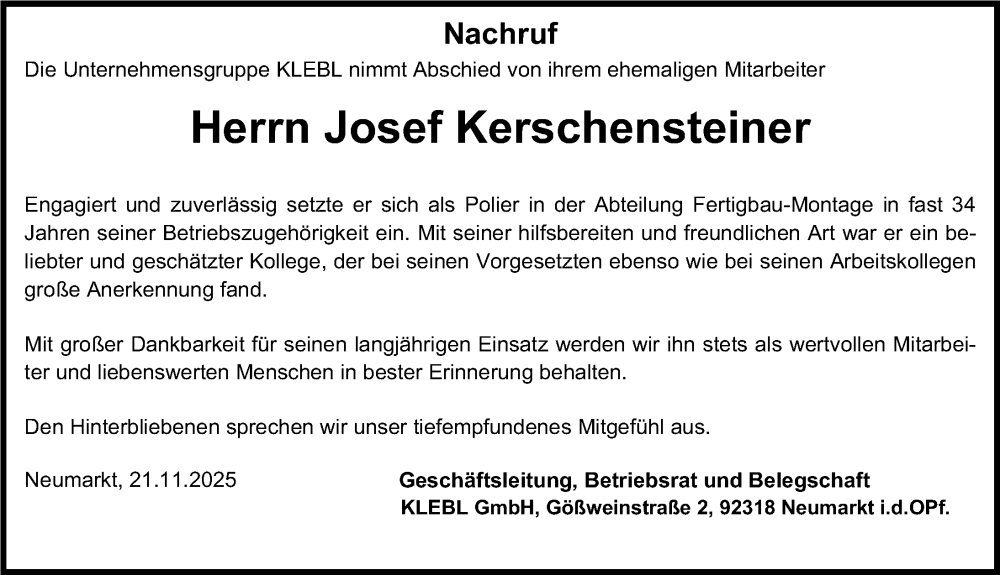  Traueranzeige für Josef Kerschensteiner vom 21.11.2025 aus Neumarkter Nachrichten Lokal