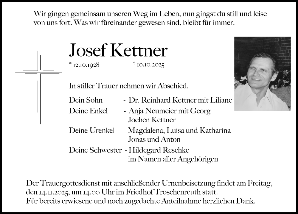  Traueranzeige für Josef Kettner vom 08.11.2025 aus Nordbayerische Nachrichten Pegnitz Lokal