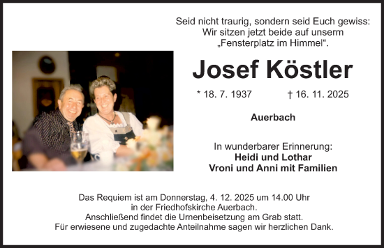 Traueranzeige von Josef Köstler von Nordbayerische Nachrichten Pegnitz Lokal