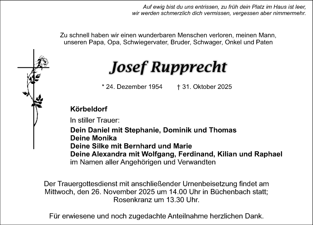  Traueranzeige für Josef Rupprecht vom 22.11.2025 aus Nordbayerische Nachrichten Pegnitz Lokal