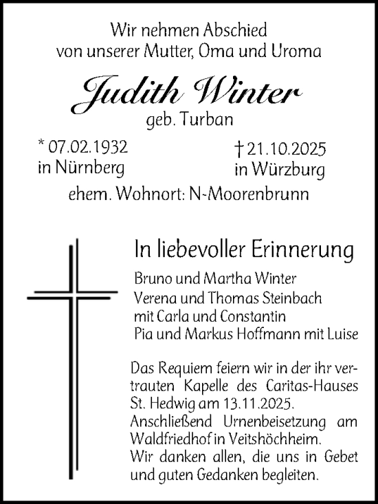 Traueranzeige von Judith Winter von Gesamtausgabe Nürnberger Nachrichten/ Nürnberger Ztg.