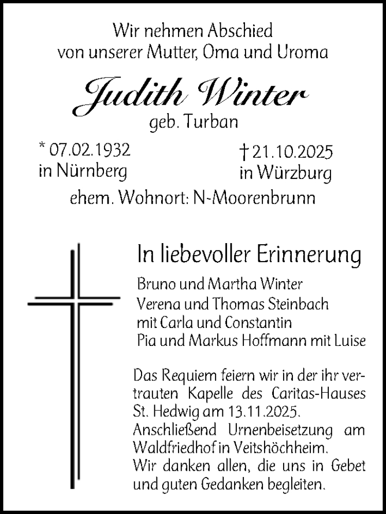  Traueranzeige für Judith Winter vom 08.11.2025 aus Gesamtausgabe Nürnberger Nachrichten/ Nürnberger Ztg.