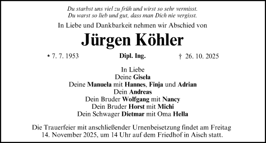 Traueranzeige von Jürgen Köhler von Nordbayerische Nachrichten Herzogenaurach Lokal