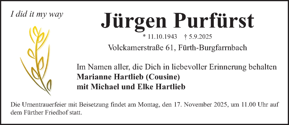  Traueranzeige für Jürgen Purfürst vom 08.11.2025 aus Fürther Nachrichten Lokal