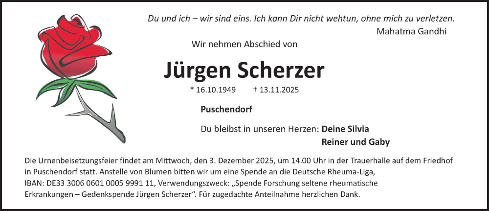  Traueranzeige für Jürgen Scherzer vom 29.11.2025 aus Fürther Nachrichten Lokal