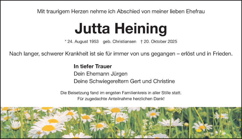  Traueranzeige für Jutta Heining vom 11.11.2025 aus Neumarkter Nachrichten Lokal