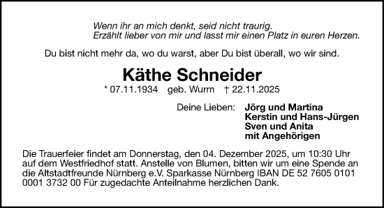 Traueranzeige von Käthe Schneider von Gesamtausgabe Nürnberger Nachrichten/ Nürnberger Ztg.