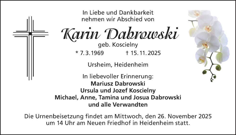  Traueranzeige für Karin Dabrowski vom 22.11.2025 aus Altmühl-Bote Lokal