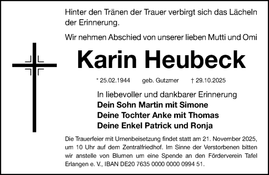 Traueranzeige von Karin Heubeck von Erlanger Nachrichten Lokal