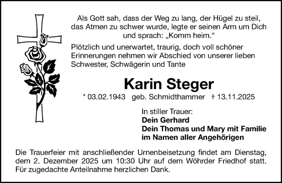 Traueranzeige von Karin Steger von Gesamtausgabe Nürnberger Nachrichten/ Nürnberger Ztg.