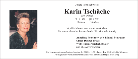 Traueranzeige von Karin Tschäche von Gesamtausgabe Nürnberger Nachrichten/ Nürnberger Ztg.