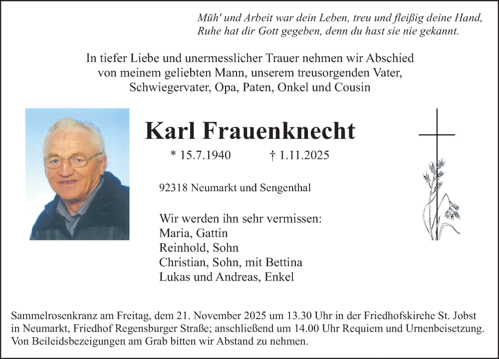  Traueranzeige für Karl Frauenknecht vom 15.11.2025 aus Neumarkter Nachrichten Lokal
