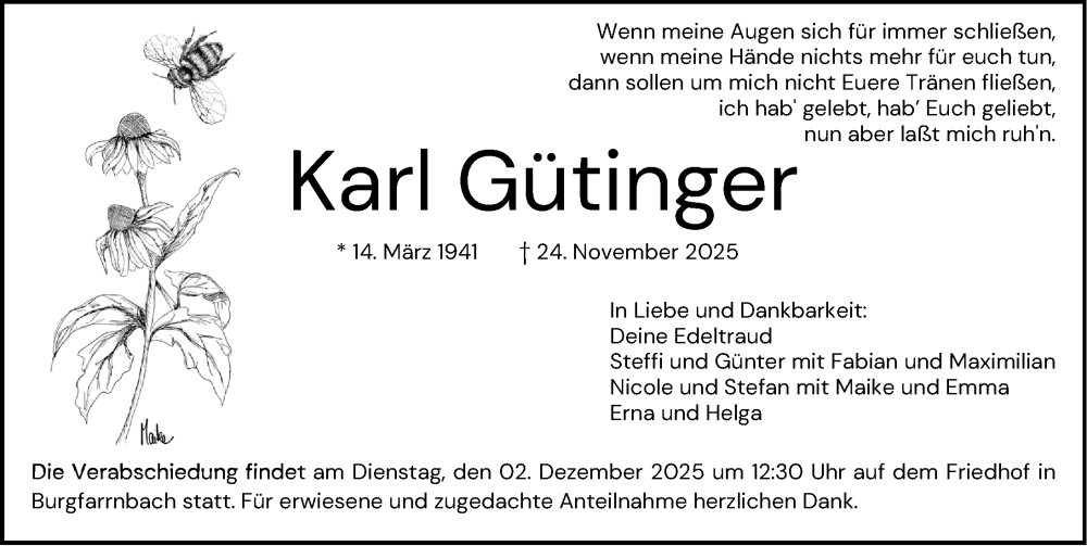  Traueranzeige für Karl Gütinger vom 29.11.2025 aus Gesamtausgabe Nürnberger Nachrichten/ Nürnberger Ztg.