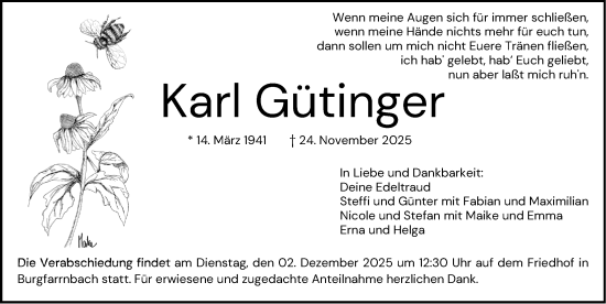 Traueranzeige von Karl Gütinger von Gesamtausgabe Nürnberger Nachrichten/ Nürnberger Ztg.