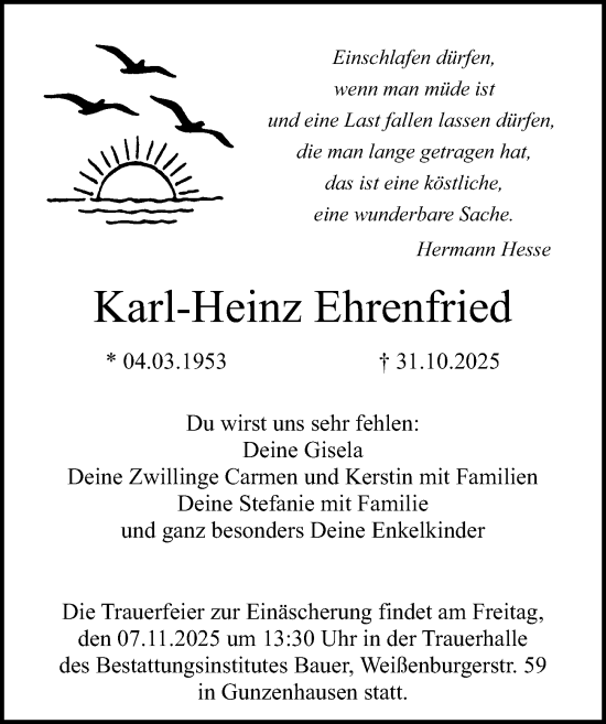 Traueranzeige von Karl-Heinz Ehrenfried von Altmühl-Bote Lokal