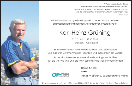 Traueranzeige von Karl-Heinz Grüning von Erlanger Nachrichten/ Nordbayer. Nachrichten Forchheim