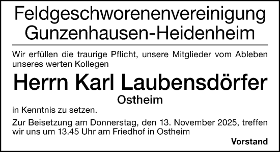 Traueranzeige von Karl Laubensdörfer von Altmühl-Bote Lokal