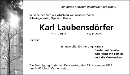 Traueranzeige von Karl Laubensdörfer von Altmühl-Bote Lokal