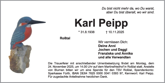 Traueranzeige von Karl Peipp von Fürther Nachrichten Lokal