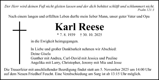 Traueranzeige von Karl Reese von Gesamtausgabe Nürnberger Nachrichten/ Nürnberger Ztg.
