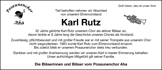 Traueranzeige von Karl Rutz von Altmühl-Bote Lokal