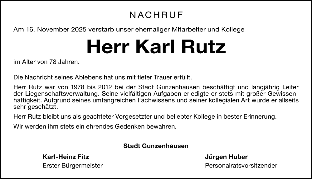  Traueranzeige für Karl Rutz vom 19.11.2025 aus Altmühl-Bote Lokal
