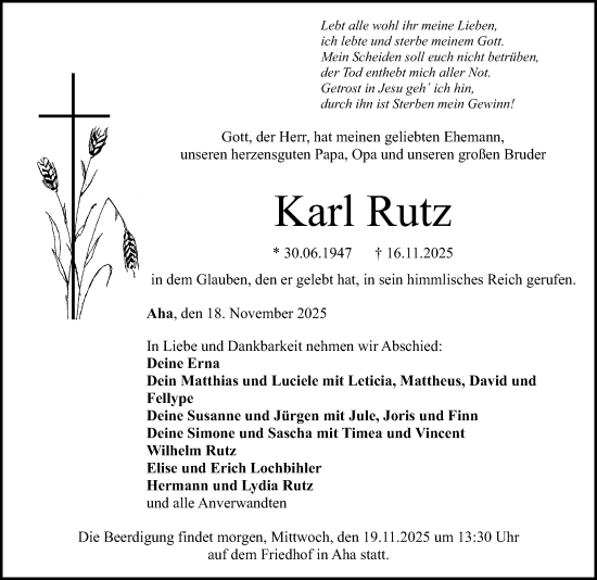 Traueranzeige von Karl Rutz von Altmühl-Bote Lokal