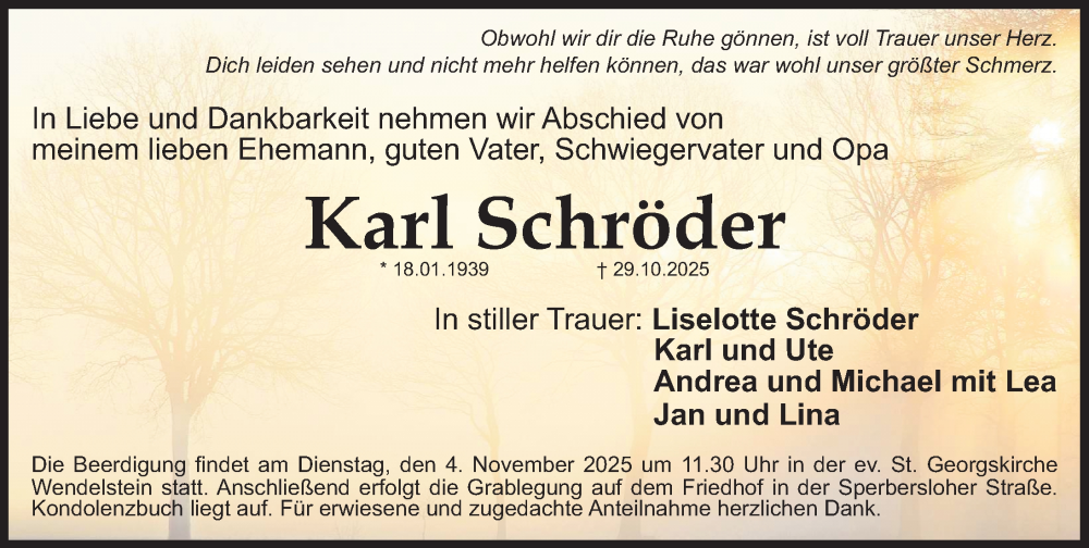  Traueranzeige für Karl Schröder vom 03.11.2025 aus Schwabacher Tagblatt Lokal