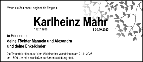 Traueranzeige von Karlheinz Mahr von Gesamtausgabe Nürnberger Nachrichten/ Nürnberger Ztg.