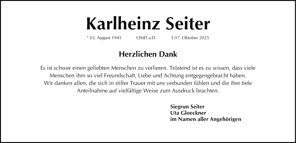  Traueranzeige für Karlheinz Seiter vom 08.11.2025 aus Gesamtausgabe Nürnberger Nachrichten/ Nürnberger Ztg./ Fürther Nachrichten