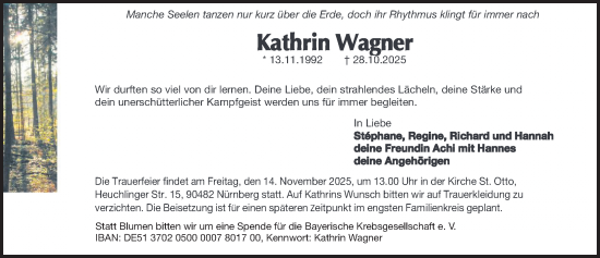 Traueranzeige von Kathrin Wagner von Gesamtausgabe Nürnberger Nachrichten/ Nürnberger Ztg.