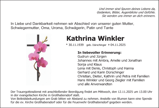 Traueranzeige von Kathrina Winkler von Fürther Nachrichten Lokal