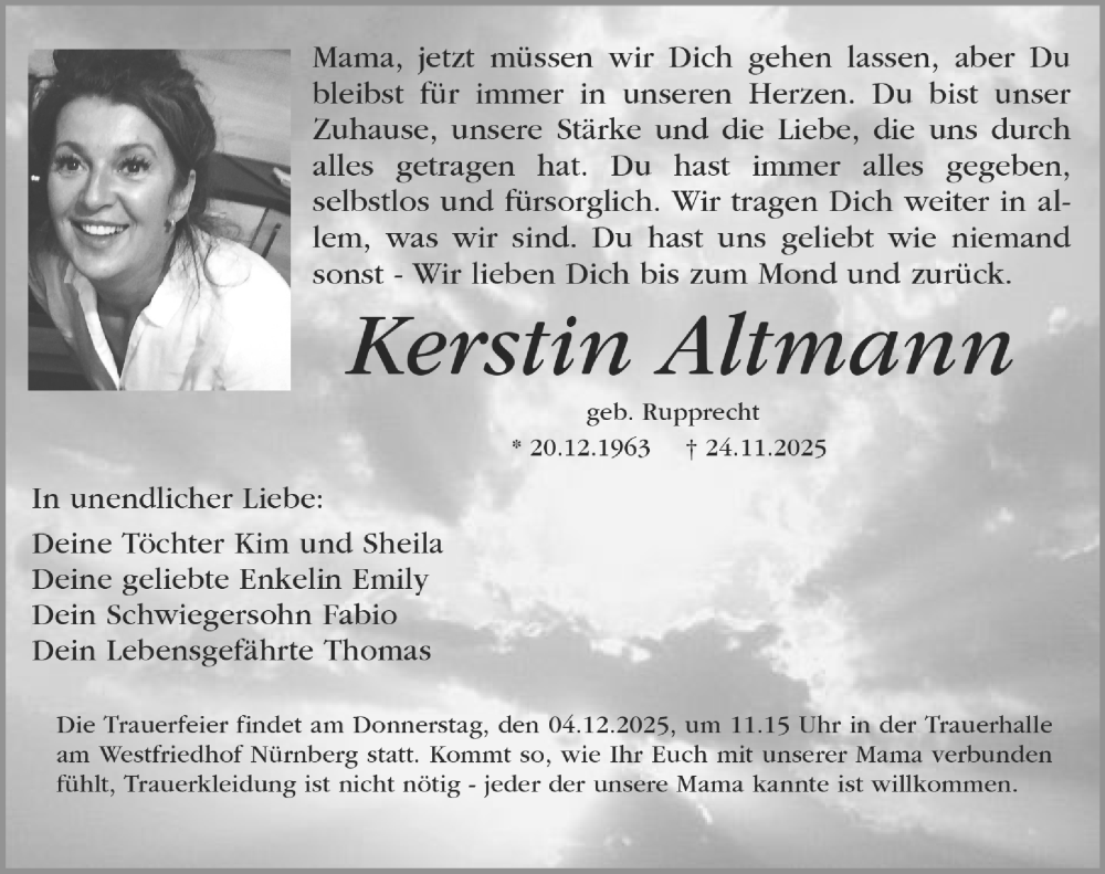  Traueranzeige für Kerstin Altmann vom 29.11.2025 aus Gesamtausgabe Nürnberger Nachrichten/ Nürnberger Ztg.