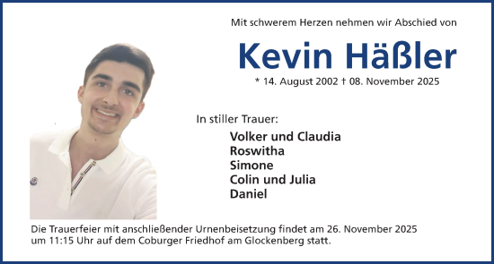 Traueranzeige von Kevin Häßler von Gesamtausgabe Nürnberger Nachrichten/ Nürnberger Ztg.