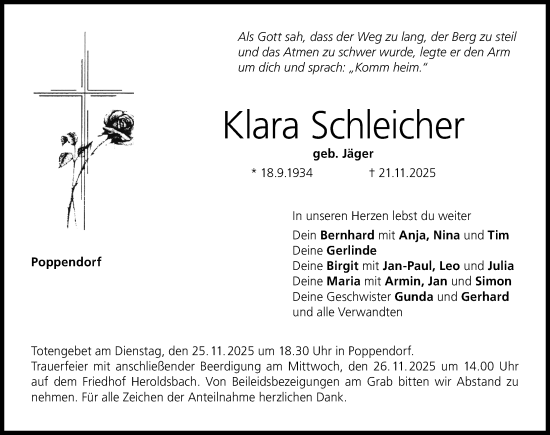 Traueranzeige von Klara Schleicher von Nordbayerische Nachrichten Forchheim Lokal