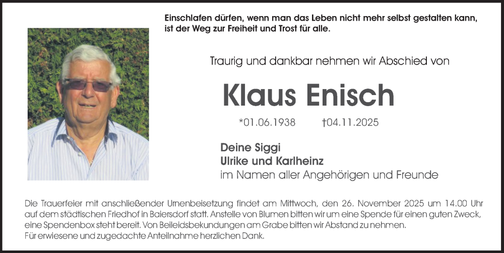  Traueranzeige für Klaus Enisch vom 22.11.2025 aus Erlanger Nachrichten Lokal