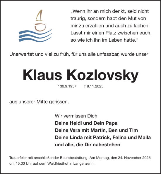 Traueranzeige von Klaus Kozlovsky von Fürther Nachrichten Lokal