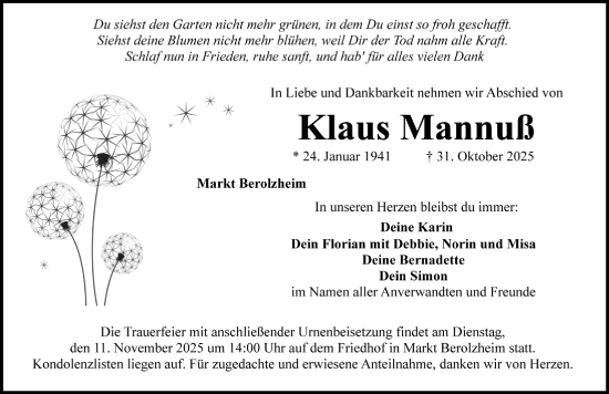 Traueranzeige von Klaus Mannfuß von Altmühl-Bote Lokal